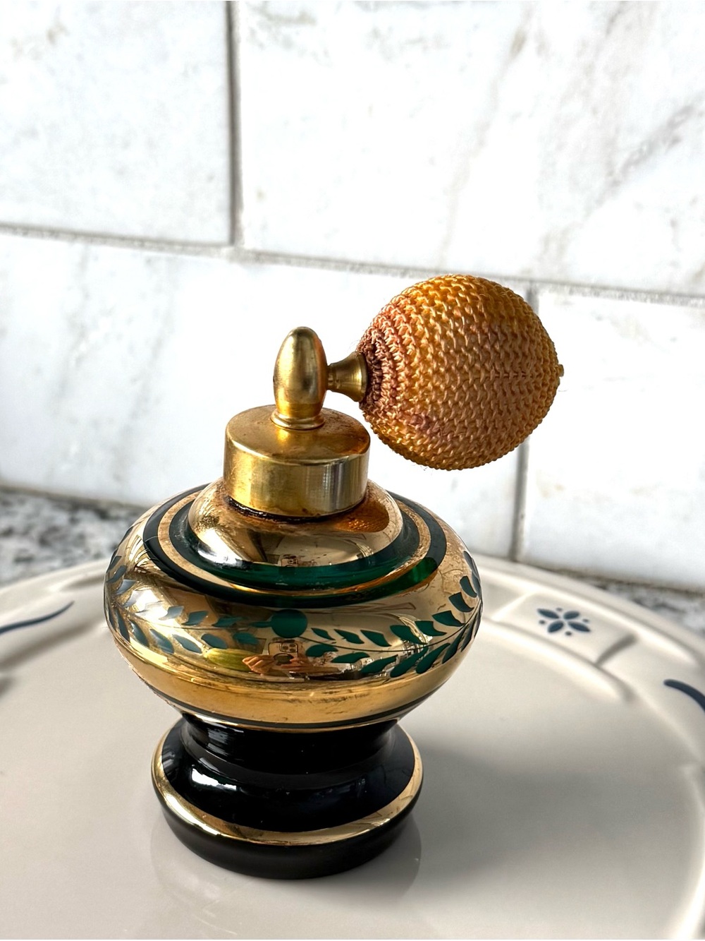 Vintage/Antique Hand Painted Gold German Green Glass Atomizer Bottle